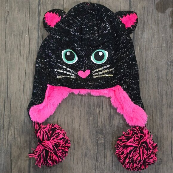 SO ✦ Girls Black Cat Knit Hat ✦ Pink Lining Pom Poms Glitter Face Size 4-7 NWT - Picture 3 of 7